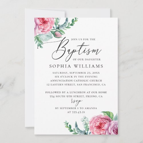 Elegant watercolor pink boho garden floral baptism invitation