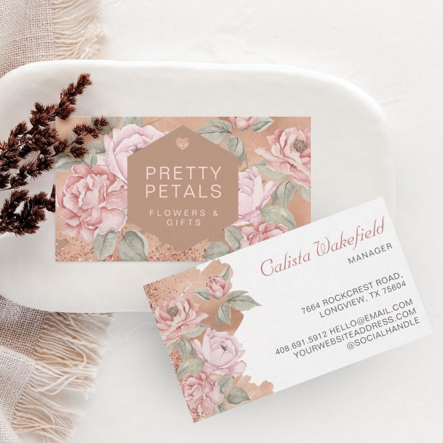 Elegant Watercolor Pink Botanical Peony Glitter Business Card