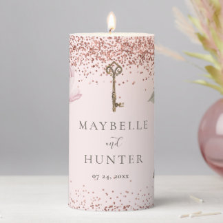 Elegant Watercolor Pink Botanical Peony Wedding Pillar Candle