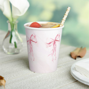 Elegant Watercolor Pink Bow Baby Shower Paper Cups