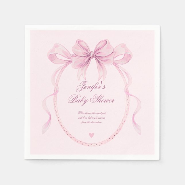 Elegant Watercolor Pink Bow Baby Shower Party  Napkins (Front)