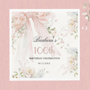Elegant Watercolor Pink Bow Floral 100th Birthday Napkins