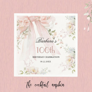 Elegant Watercolor Pink Bow Floral 100th Birthday Napkins