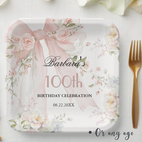 Elegant Watercolor Pink Bow Floral 100th Birthday Paper Plates