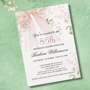 Elegant Watercolor Pink Bow Floral 85th Birthday Invitation