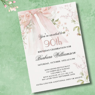 Elegant Watercolor Pink Bow Floral 90th Birthday Invitation