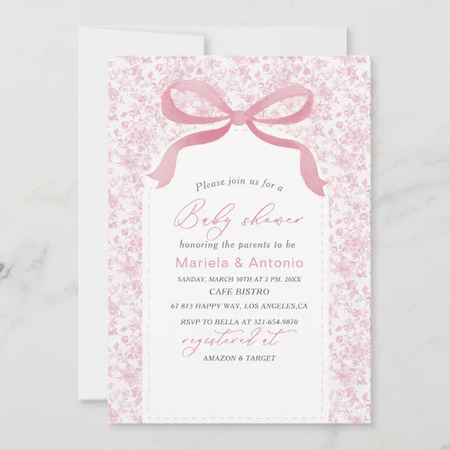 Elegant Watercolor Pink Bow Girl Baby Shower Invi Invitation | Zazzle