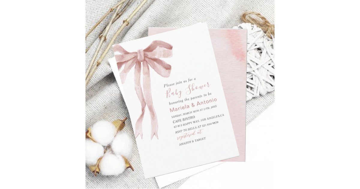 Elegant Watercolor Pink Bow Girl Baby Shower Invitation | Zazzle