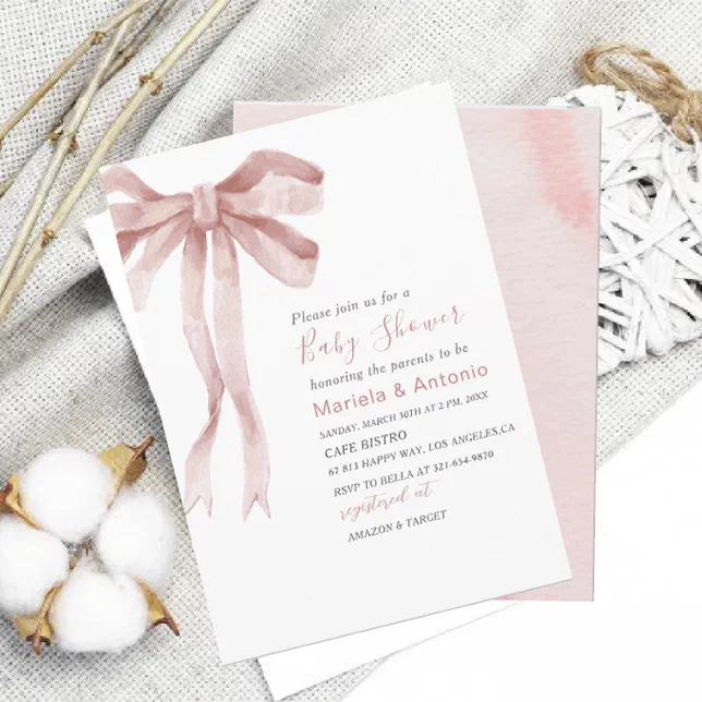 Elegant Watercolor Pink Bow Girl Baby Shower Invitation | Zazzle