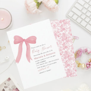 Elegant  Watercolor Pink Bow Girl Baby Shower Invitation