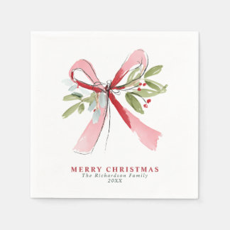 Elegant Watercolor Pink Bow Mistletoe Custom Napkins