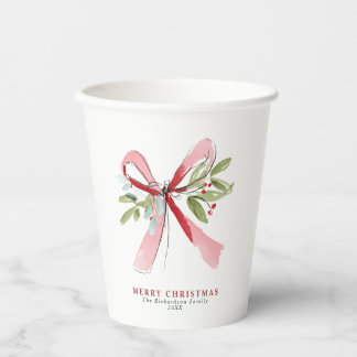 Elegant Watercolor Pink Bow Mistletoe Custom Paper Cups