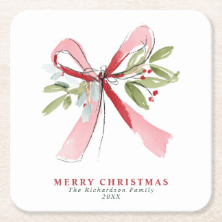 Elegant Watercolor Pink Bow Mistletoe Custom Square Paper Coaster