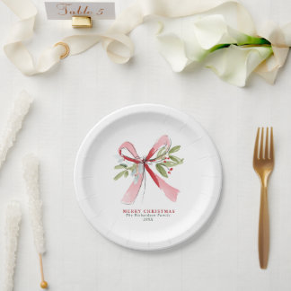 Elegant Watercolor Pink Bow Mistletoe Paper Plates