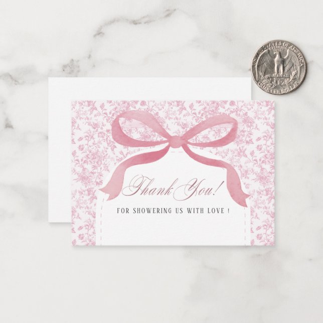 Elegant Watercolor Pink Bow ribbon  Baby shower Note Card (Front/Back In Situ)