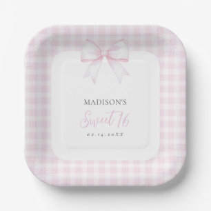 Elegant Watercolor Pink Bow Sweet 16 Birthday Paper Plates