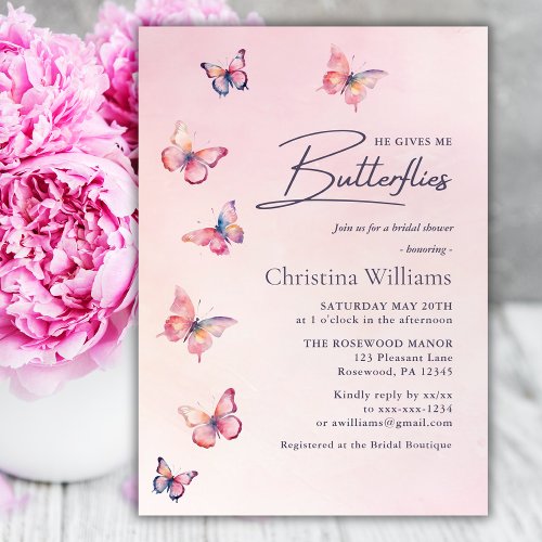 Elegant Watercolor Pink Butterflies Bridal Shower Invitation