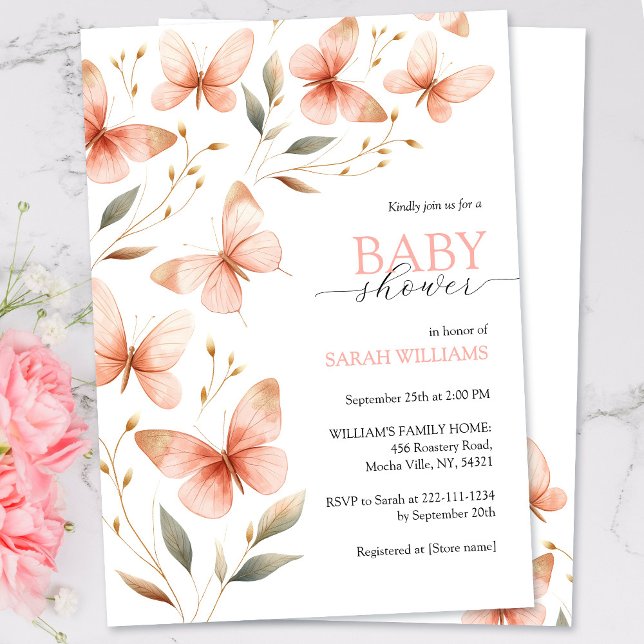 Elegant Watercolor Pink Butterfly Baby Shower Invitation (Creator Uploaded)