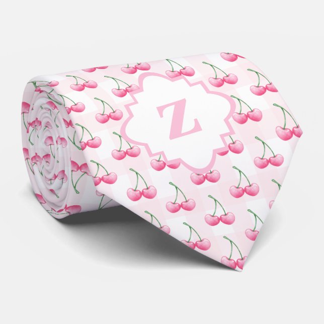Elegant Watercolor Pink Cherry Monogram Neck Tie (Rolled)