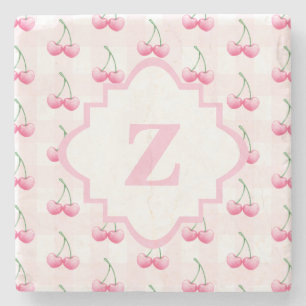 Elegant Watercolor Pink Cherry Monogram Stone Coaster