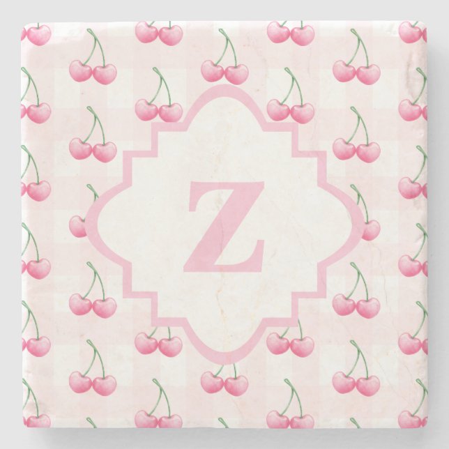 Elegant Watercolor Pink Cherry Monogram Stone Coaster (Front)