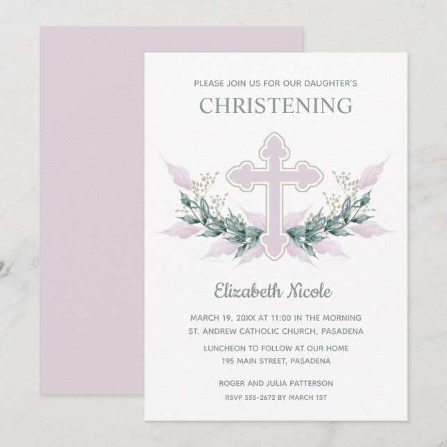 Elegant Watercolor Pink Christening Invitation (Front/Back)