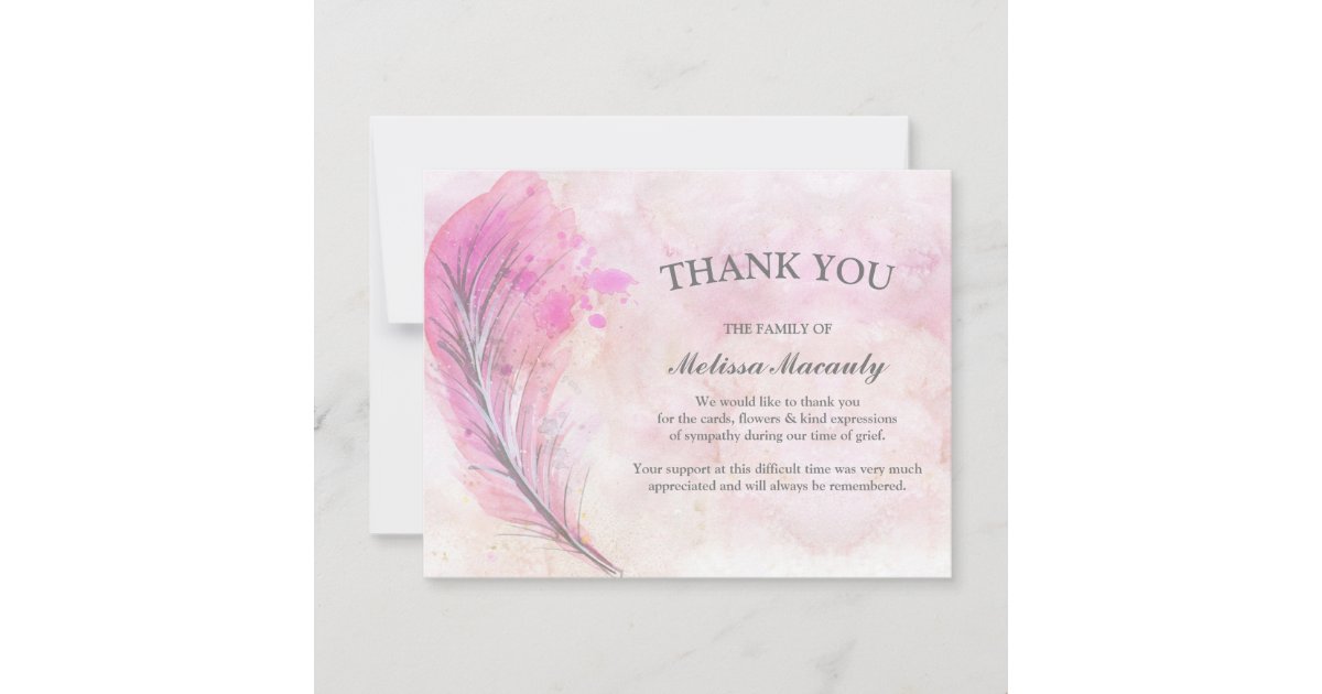 Elegant Watercolor Pink Feather Funeral Memorial Thank You Card | Zazzle