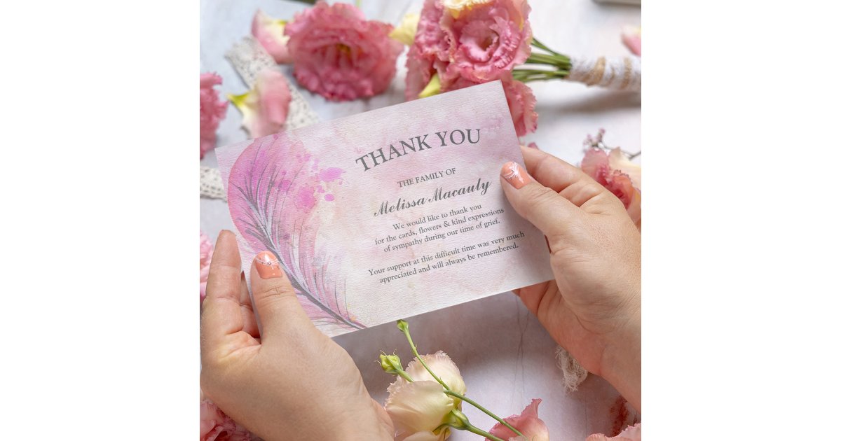 Elegant Watercolor Pink Feather Funeral Memorial Thank You Card | Zazzle