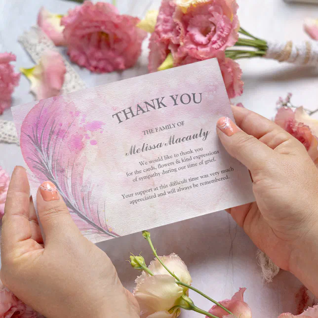 Elegant Watercolor Pink Feather Funeral Memorial Thank You Card | Zazzle