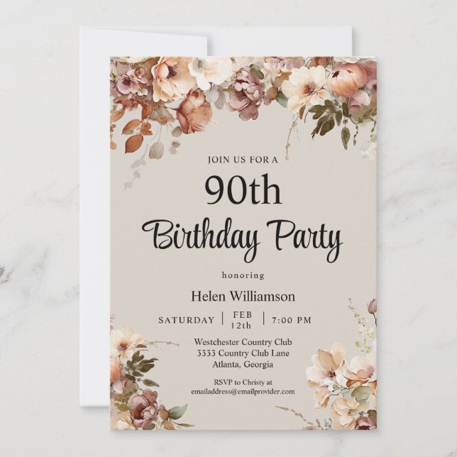 Elegant Watercolor Pink Floral 90th Birthday Invitation (Front)
