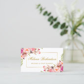 Elegant Watercolor Pink Floral and Gold Frame Business Card (Standing Front)