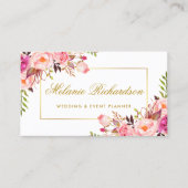 Elegant Watercolor Pink Floral and Gold Frame Business Card (Front)
