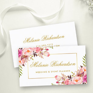 Elegant Watercolor Pink Floral and Gold Frame Business Card