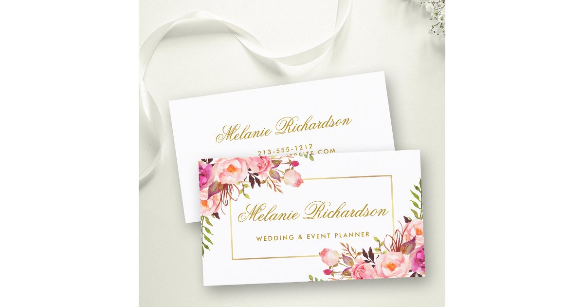 Elegant Watercolor Pink Floral and Gold Frame Business Card | Zazzle