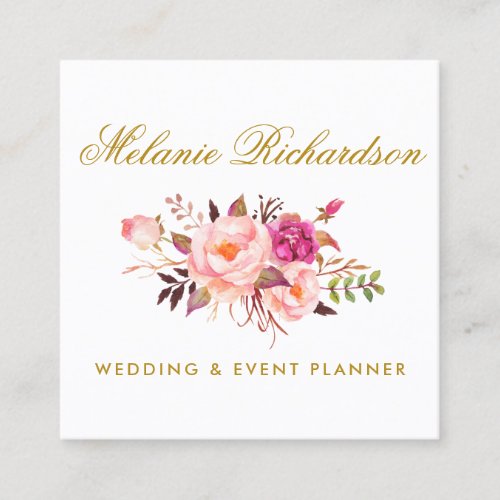 Elegant Watercolor Pink Floral and Gold Square Business Card