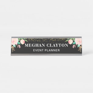 Elegant Watercolor Pink Floral Black Desk Name Plate