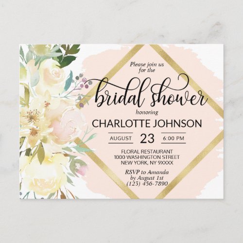 Elegant Watercolor Pink Floral Bridal Shower Postcard