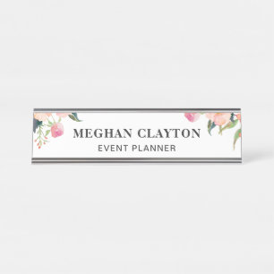 Elegant Watercolor Pink Floral Desk Name Plate