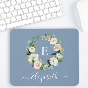 Elegant Watercolor Pink Floral Dusty Blue Monogram Mouse Pad