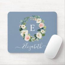 Elegant Watercolor Pink Floral Dusty Blue Monogram