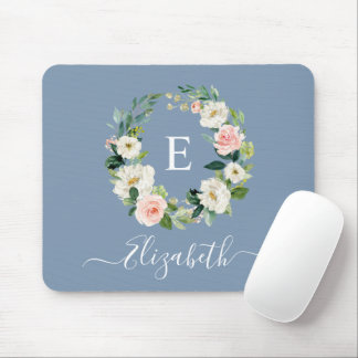 Elegant Watercolor Pink Floral Dusty Blue Monogram Mouse Pad
