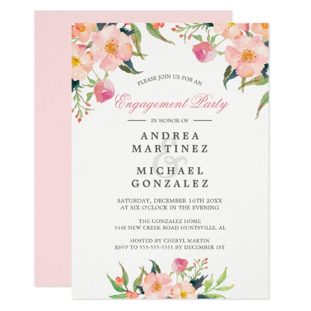 Elegant Watercolor Pink Floral Engagement Party Invitation