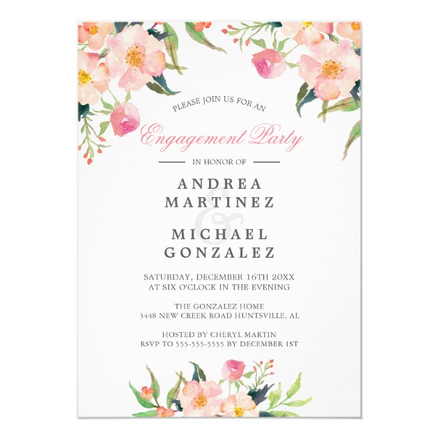 Elegant Watercolor Pink Floral Engagement Party Invitation