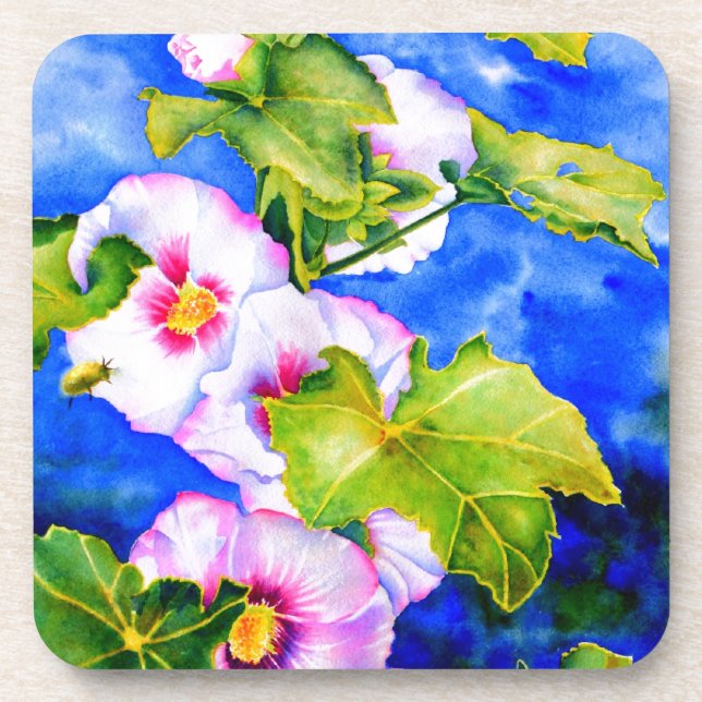 Elegant watercolor pink floral flowers Hollyhocks Beverage Coaster (Front)