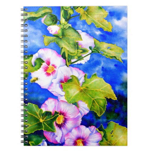 Elegant watercolor pink floral flowers Hollyhocks Notebook