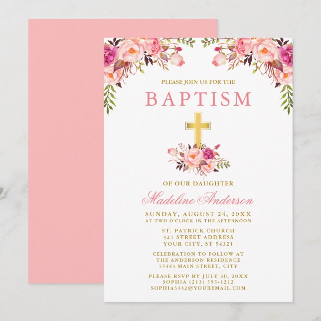 Elegant Watercolor Pink Floral Gold Baptism Invitation (Front/Back)