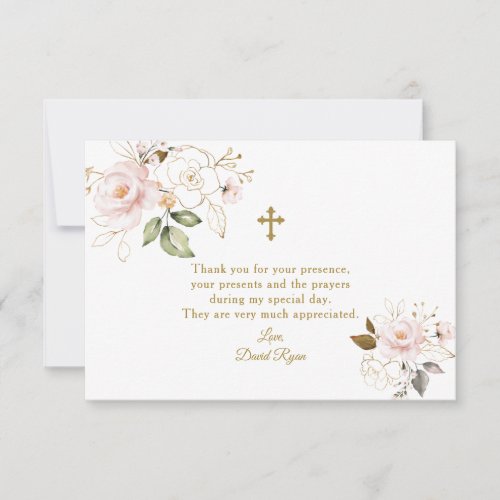 Elegant Watercolor Pink Floral Gold Baptism Thank You Card