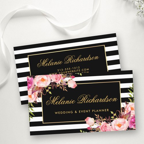 Elegant Watercolor Pink Floral Gold Black Striped Business Card
