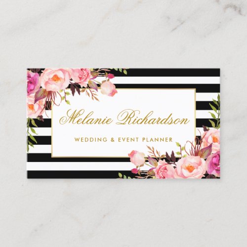 Elegant Watercolor Pink Floral Gold Frame Striped Business Card