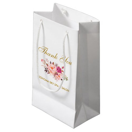 Elegant Watercolor Pink Floral Gold Thank You Small Gift Bag